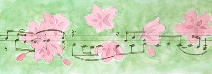 Watercolor of cherry blossoms and musical notes from "Feeling Good" by Nina Simone.
